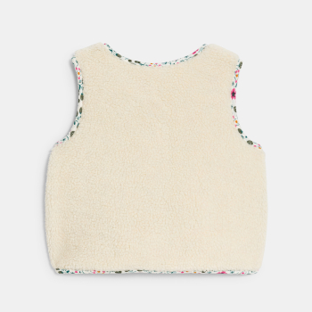 جيليه شيربا بدون أكمام وذو وجهين، مزركش برسوم أزهار باللون الأبيض للفتيات الصغيرات